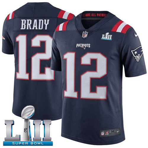 Nike Patriots #12 Tom Brady Navy Blue Super Bowl LII Youth Stitched NFL Limited Rush Jersey - Click Image to Close